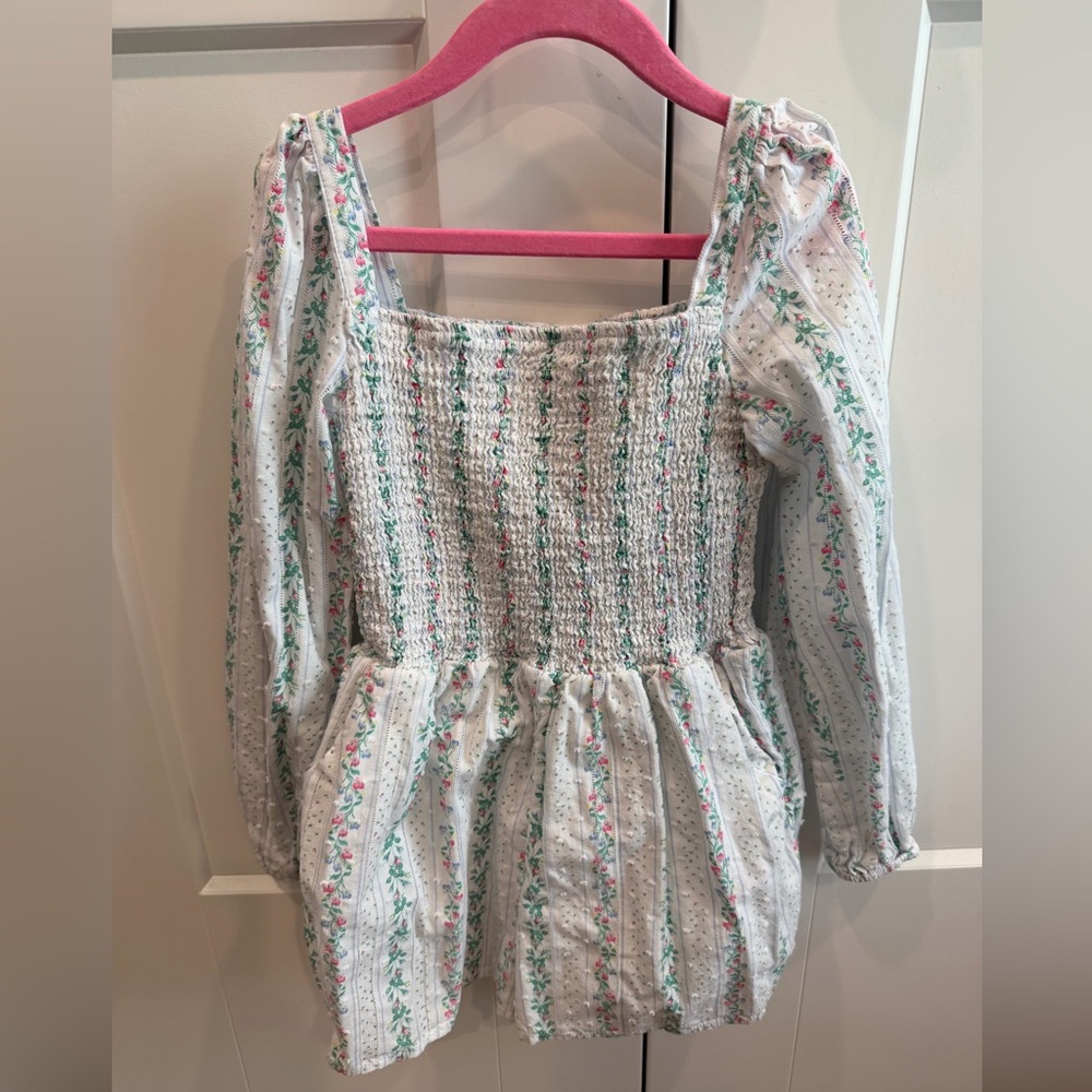 Janie and Jack White Smocked Top with Pink & Green Floral Accents Girls Size 8